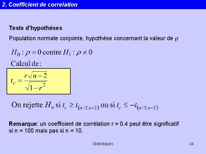 2. Coefficient de correlation Tests d’hypothèses Population normale conjointe, hypothèse concernant la valeur de
