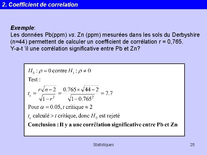 2. Coefficient de correlation Exemple: Les données Pb(ppm) vs. Zn (ppm) mesurées dans les