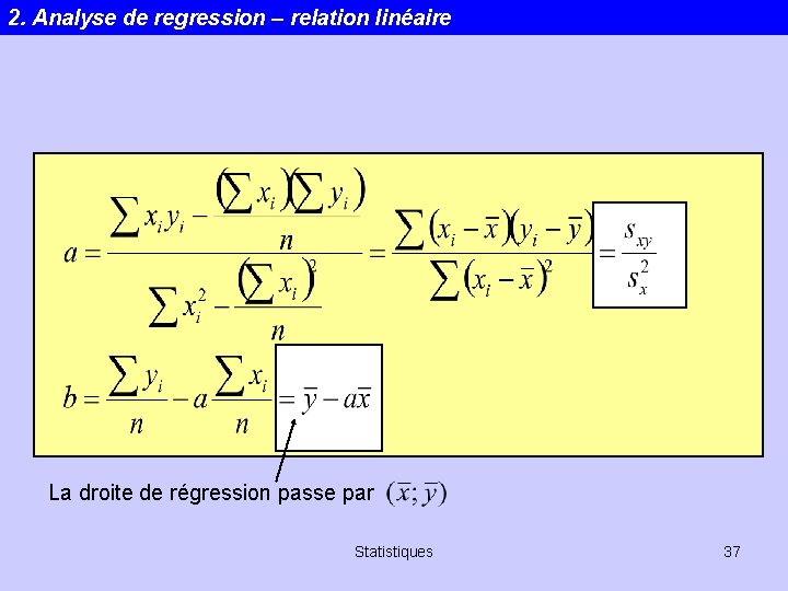 2. Analyse de regression – relation linéaire La droite de régression passe par Statistiques