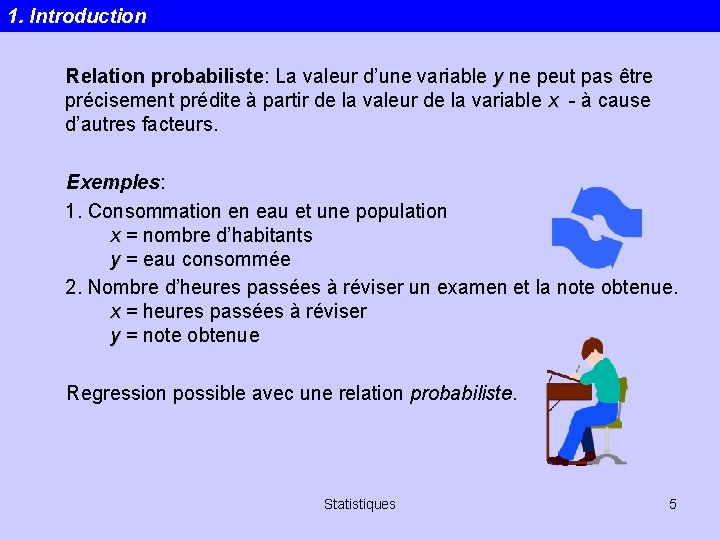 1. Introduction Relation probabiliste: La valeur d’une variable y ne peut pas être précisement