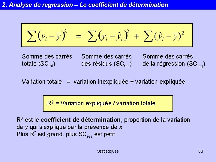 2. Analyse de regression – Le coefficient de détermination Somme des carrés totale (SCtot)