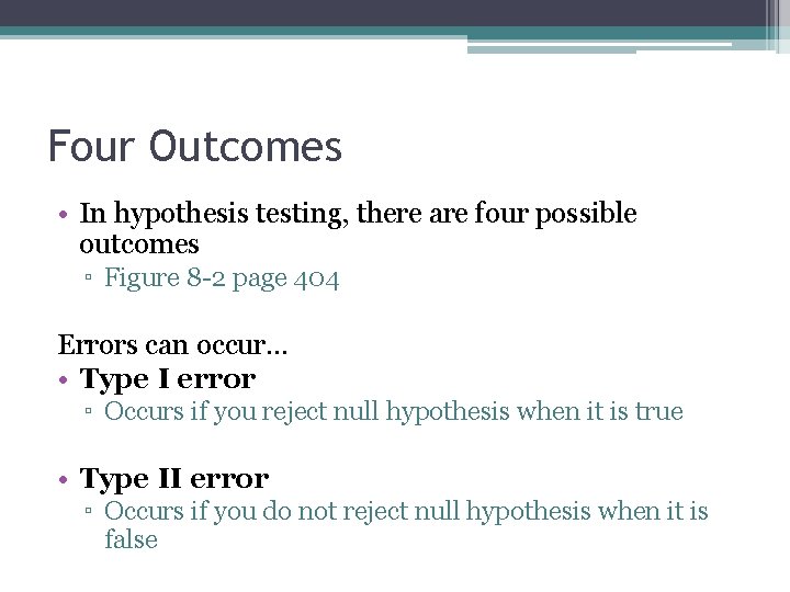 Four Outcomes • In hypothesis testing, there are four possible outcomes ▫ Figure 8