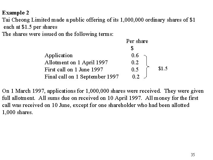 Example 2 Tai Cheong Limited made a public offering of its 1, 000 ordinary