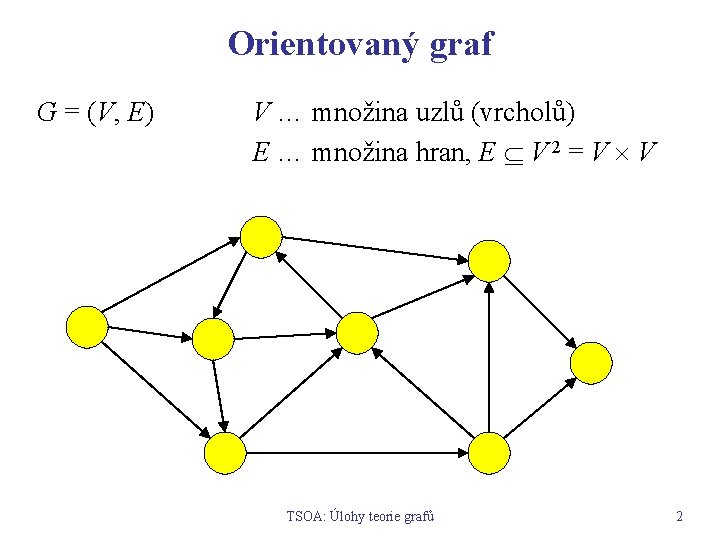 Orientovaný graf G = (V, E) V … množina uzlů (vrcholů) E … množina