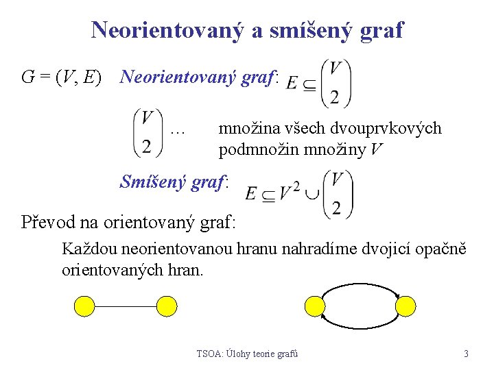 Neorientovaný a smíšený graf G = (V, E) Neorientovaný graf: … množina všech dvouprvkových