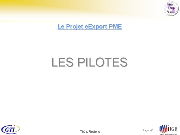 Le Projet e. Export PME LES PILOTES TIC & Régions Page : 46 