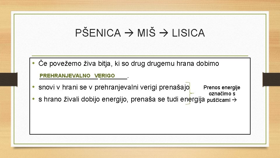 PŠENICA MIŠ LISICA • Če povežemo živa bitja, ki so drugemu hrana dobimo PREHRANJEVALNO PŠENICA MIŠ LISICA • Če povežemo živa bitja, ki so drugemu hrana dobimo PREHRANJEVALNO