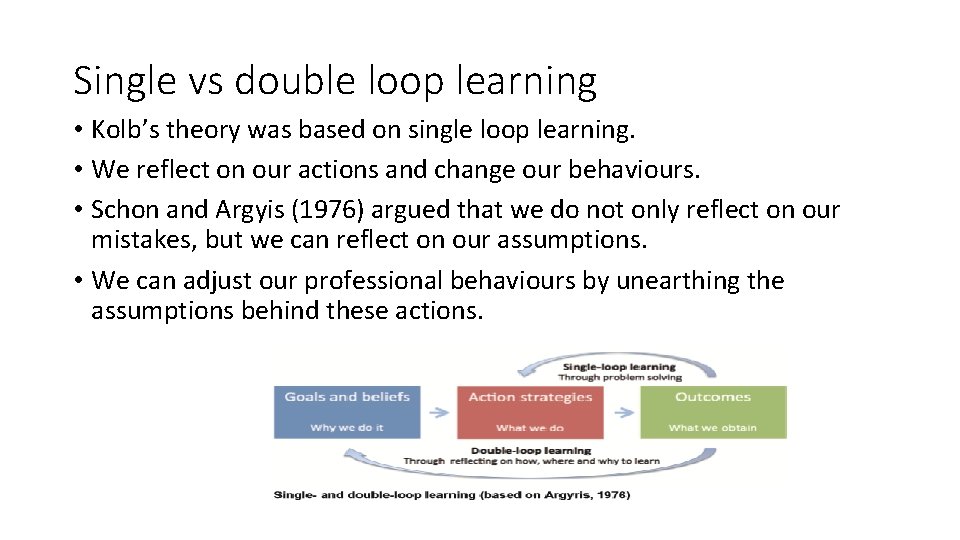 Single vs double loop learning • Kolb’s theory was based on single loop learning.