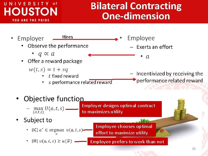 Bilateral Contracting One-dimension Hires Employer designs optimal contract to maximizes utility Employee chooses optimal