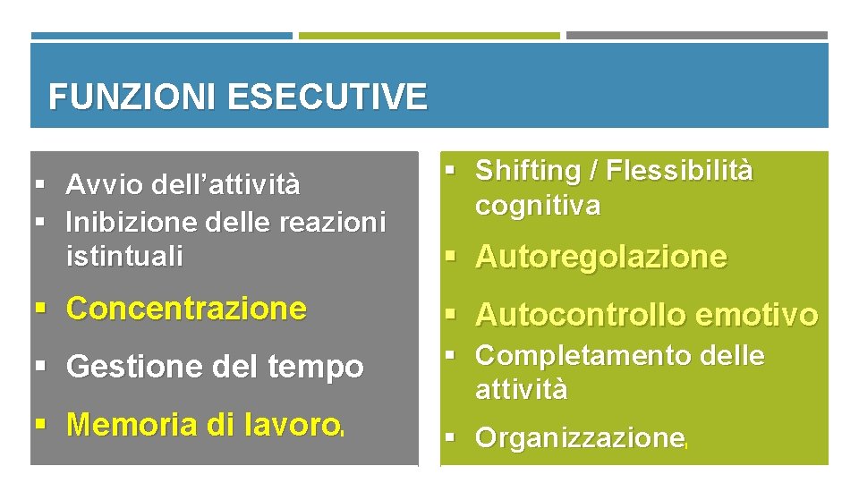 FUNZIONI ESECUTIVE § Avvio dell’attività § Inibizione delle reazioni istintuali § Shifting / Flessibilità