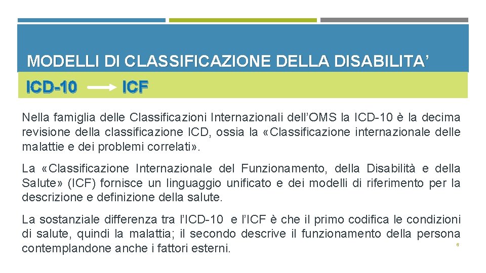 MODELLI DI CLASSIFICAZIONE DELLA DISABILITA’ ICD-10 ICF ICD-10 Nella famiglia delle Classificazioni Internazionali dell’OMS