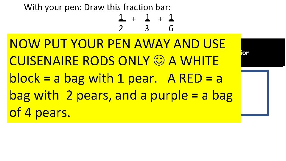 With your pen: Draw this fraction bar: 1 + 1 2 3 6 I