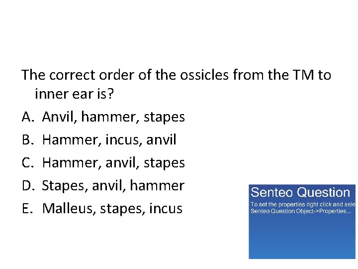 The correct order of the ossicles from the TM to inner ear is? A.
