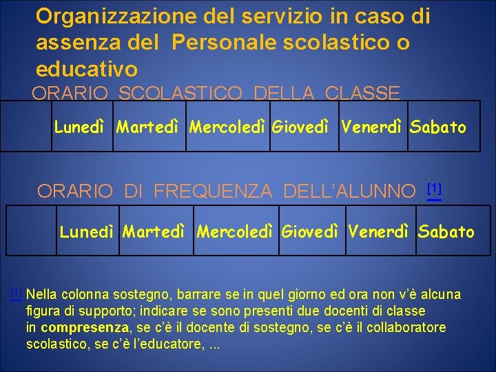 Organizzazione del servizio in caso di assenza del Personale scolastico o educativo ORARIO SCOLASTICO