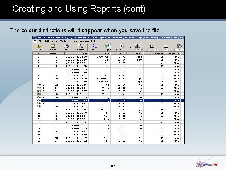 Creating and Using Reports (cont) The colour distinctions will disappear when you save the