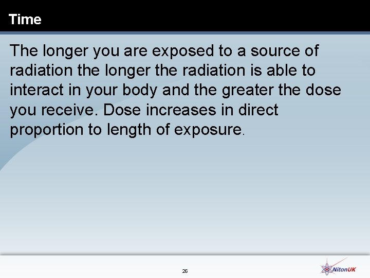 Time The longer you are exposed to a source of radiation the longer the