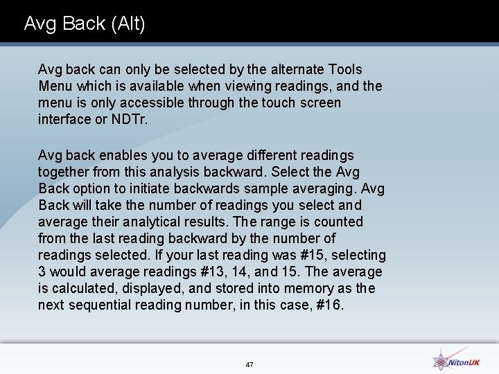 Avg Back (Alt) Avg back can only be selected by the alternate Tools Menu