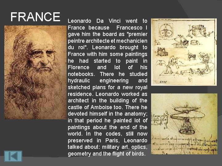 FRANCE Leonardo Da Vinci went to France because Francesco I gave him the board FRANCE Leonardo Da Vinci went to France because Francesco I gave him the board