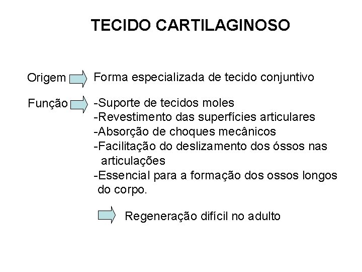 TECIDO CARTILAGINOSO Origem Forma especializada de tecido conjuntivo Função -Suporte de tecidos moles -Revestimento TECIDO CARTILAGINOSO Origem Forma especializada de tecido conjuntivo Função -Suporte de tecidos moles -Revestimento