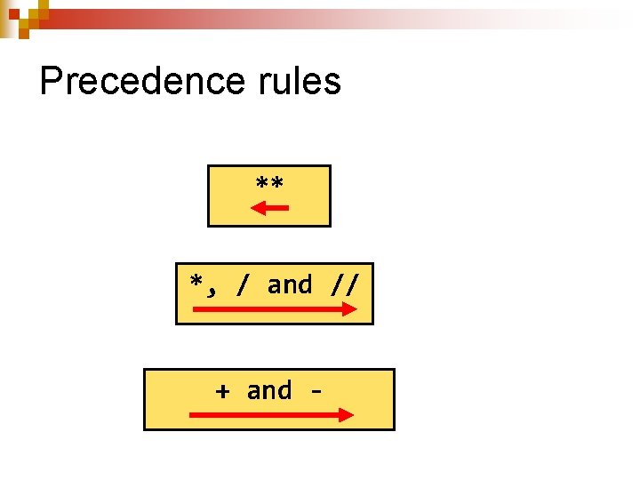 Precedence rules ** *, / and // + and - 