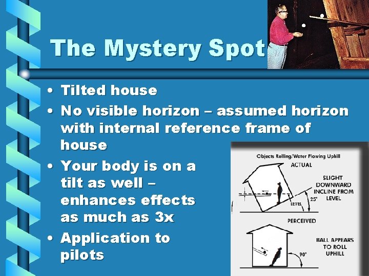 The Mystery Spot • Tilted house • No visible horizon – assumed horizon with