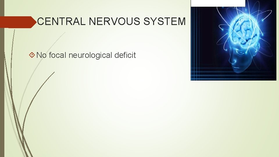 CENTRAL NERVOUS SYSTEM No focal neurological deficit 