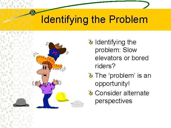 Identifying the Problem Identifying the problem: Slow elevators or bored riders? The ‘problem’ is