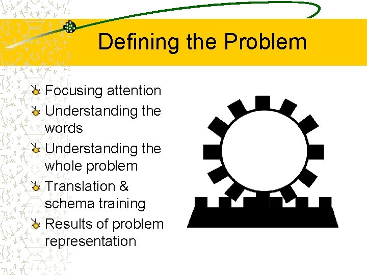 Defining the Problem Focusing attention Understanding the words Understanding the whole problem Translation &