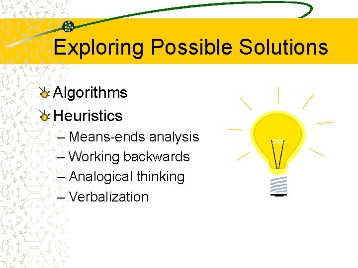 Exploring Possible Solutions Algorithms Heuristics – Means-ends analysis – Working backwards – Analogical thinking