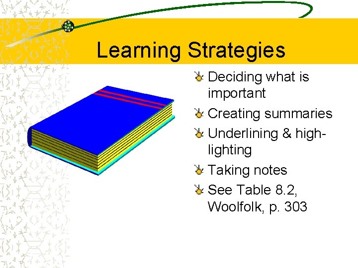 Learning Strategies Deciding what is important Creating summaries Underlining & highlighting Taking notes See