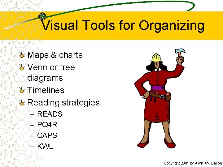 Visual Tools for Organizing Maps & charts Venn or tree diagrams Timelines Reading strategies