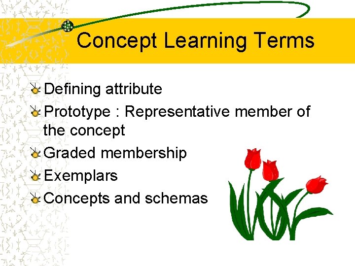 Concept Learning Terms Defining attribute Prototype : Representative member of the concept Graded membership