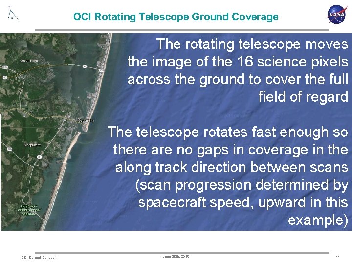 OCI Rotating Telescope Ground Coverage The rotating telescope moves the image of the 16