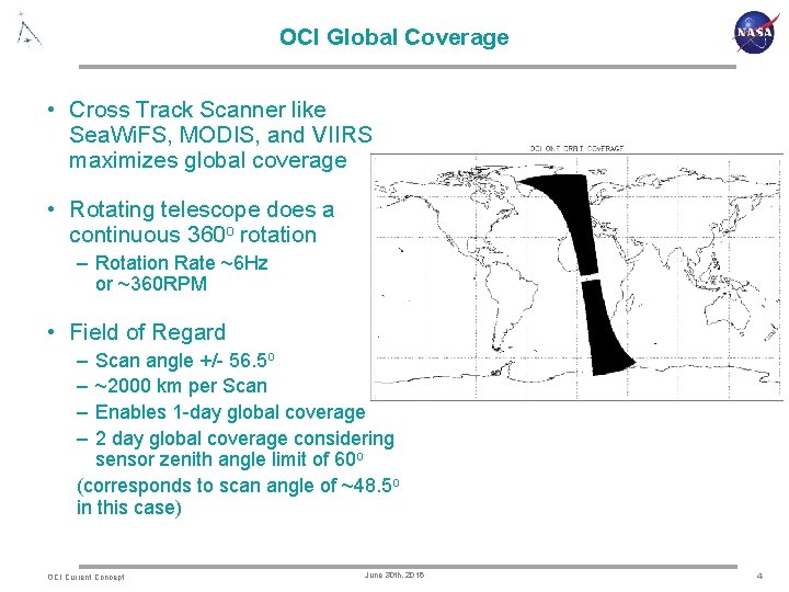 OCI Global Coverage • Cross Track Scanner like Sea. Wi. FS, MODIS, and VIIRS