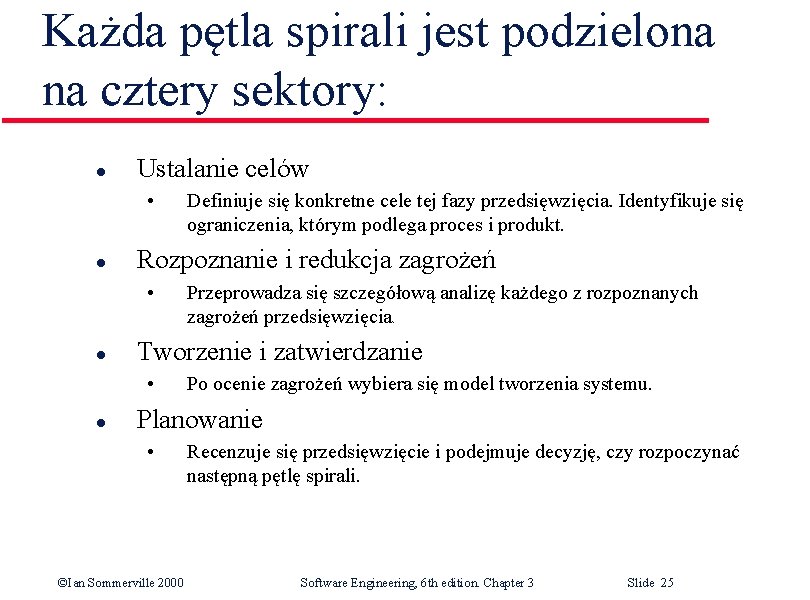 Każda pętla spirali jest podzielona na cztery sektory: l Ustalanie celów • l Rozpoznanie