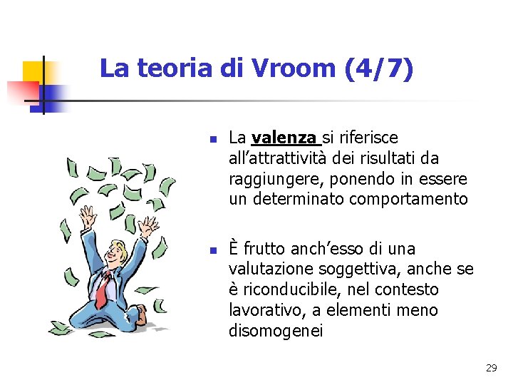 La teoria di Vroom (4/7) n n La valenza si riferisce all’attrattività dei risultati