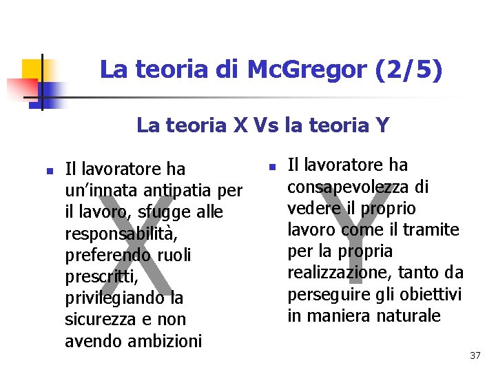 La teoria di Mc. Gregor (2/5) La teoria X Vs la teoria Y n
