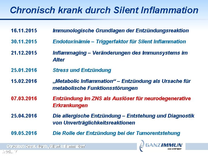 Chronisch krank durch Silent Inflammation 16. 11. 2015 Immunologische Grundlagen der Entzündungsreaktion 30. 11.