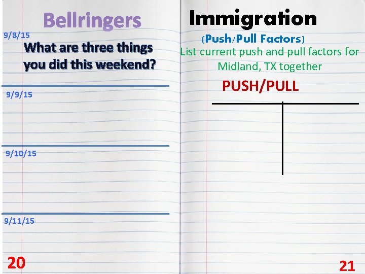 9/8/15 Bellringers What are three things you did this weekend? 9/9/15 Immigration (Push/Pull Factors)
