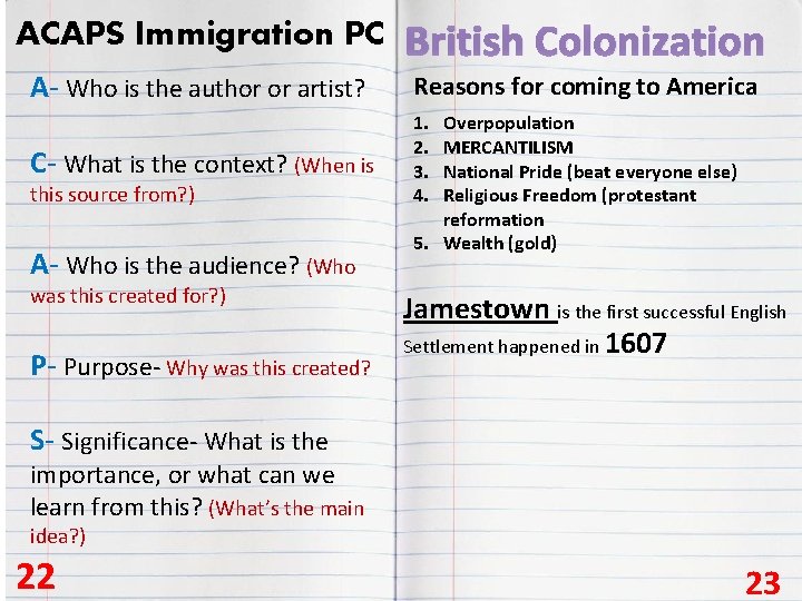 ACAPS Immigration PC British Colonization A- Who is the author or artist? Reasons for