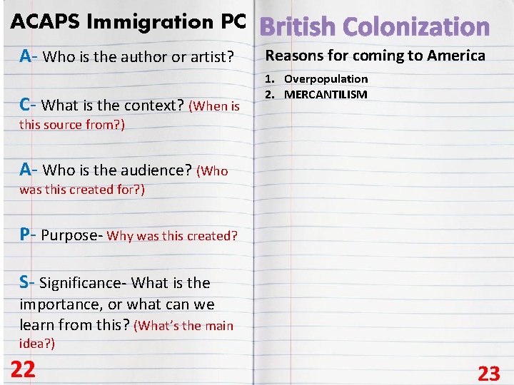 ACAPS Immigration PC British Colonization A- Who is the author or artist? Reasons for