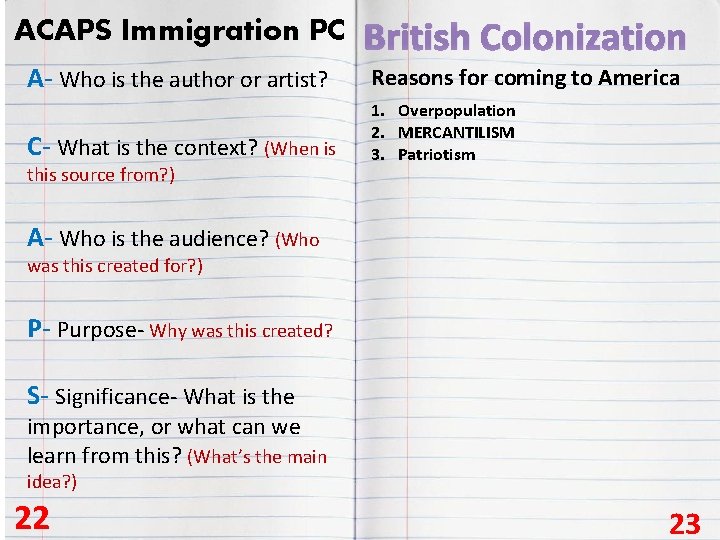 ACAPS Immigration PC British Colonization A- Who is the author or artist? Reasons for