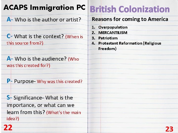ACAPS Immigration PC British Colonization A- Who is the author or artist? Reasons for