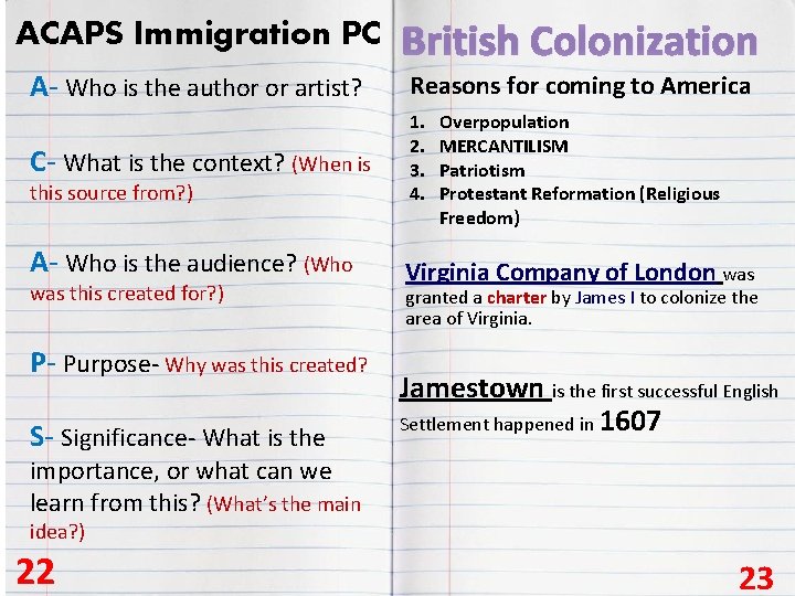 ACAPS Immigration PC British Colonization A- Who is the author or artist? Reasons for