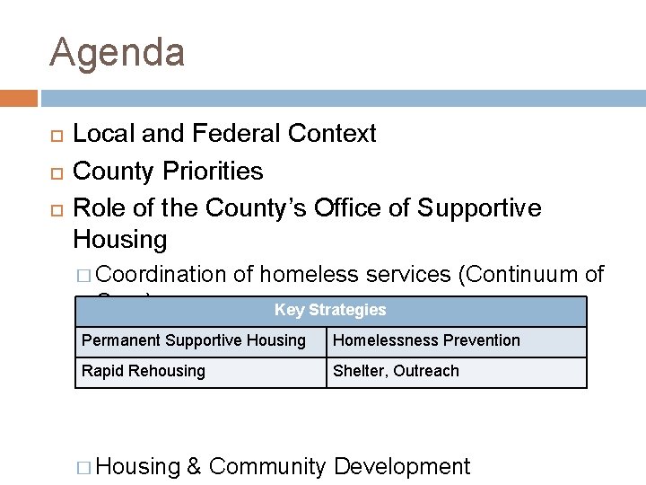 Agenda Local and Federal Context County Priorities Role of the County’s Office of Supportive