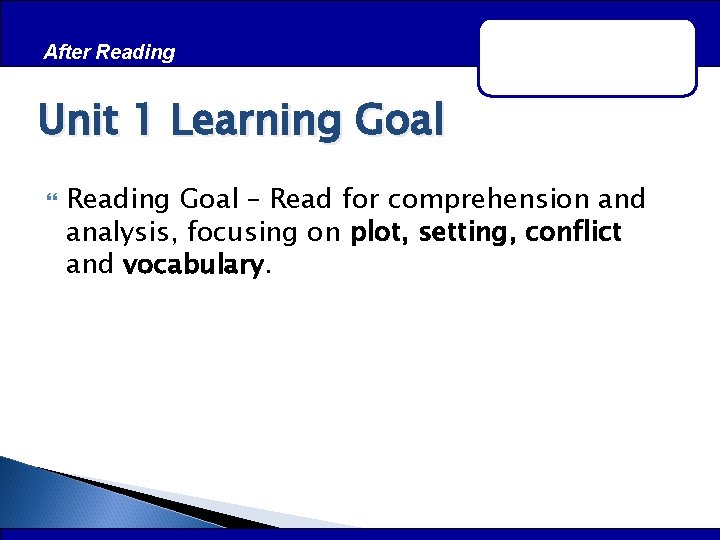 After Reading Unit 1 Learning Goal Reading Goal – Read for comprehension and analysis,