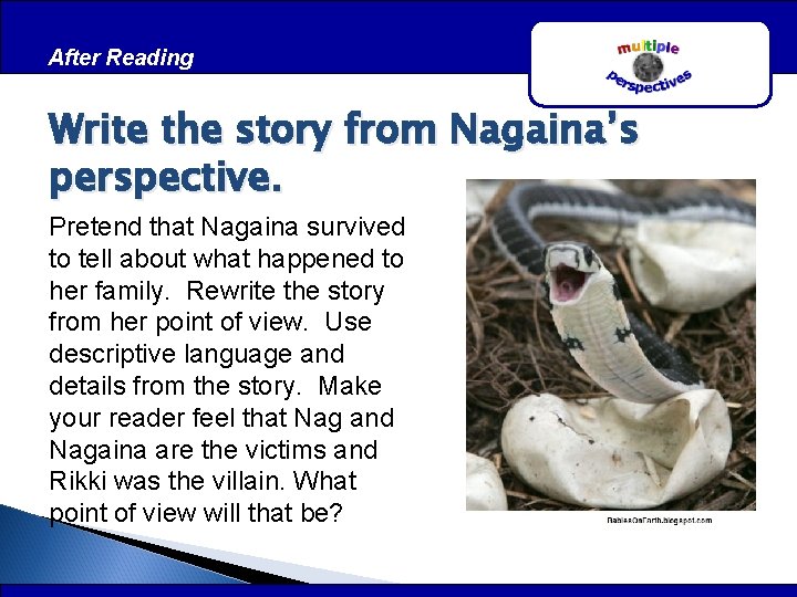 After Reading Write the story from Nagaina’s perspective. Pretend that Nagaina survived to tell