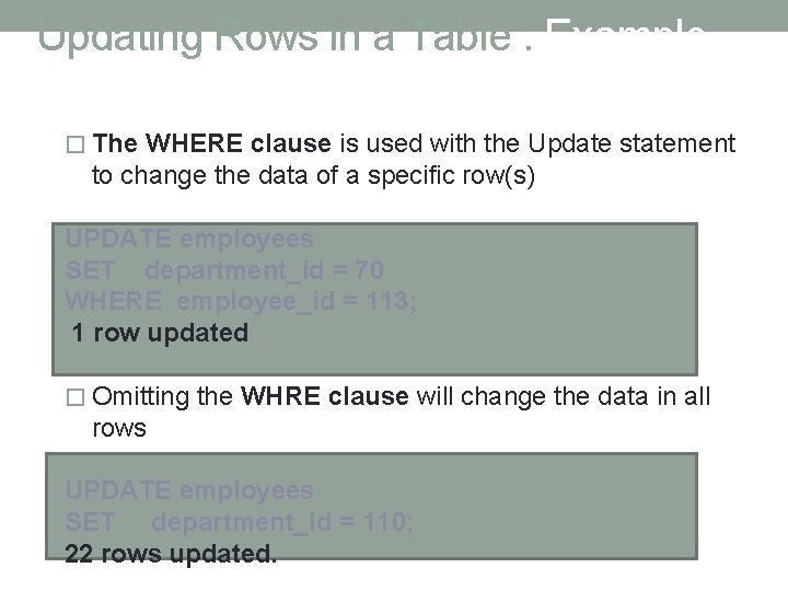 Updating Rows in a Table : Example of updating specific rows � The WHERE