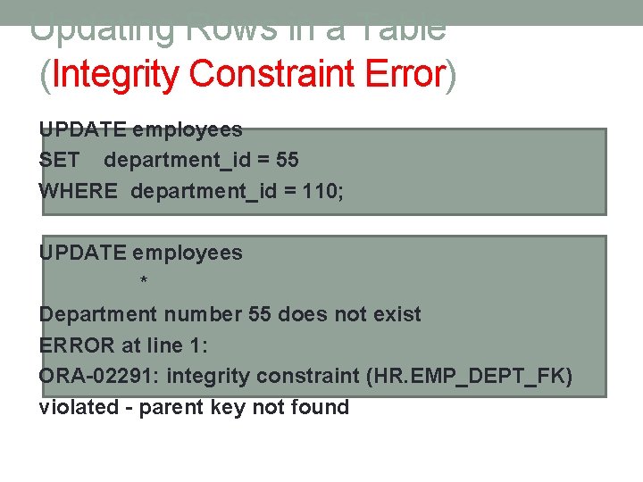 Updating Rows in a Table (Integrity Constraint Error) UPDATE employees SET department_id = 55