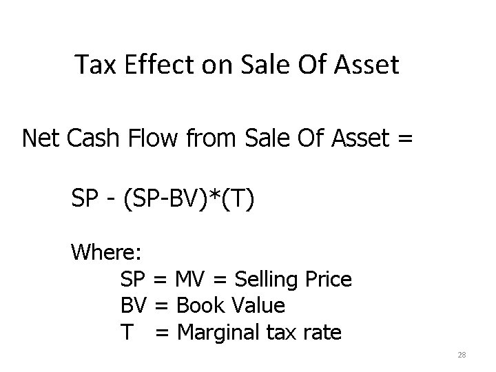 Tax Effect on Sale Of Asset Net Cash Flow from Sale Of Asset =